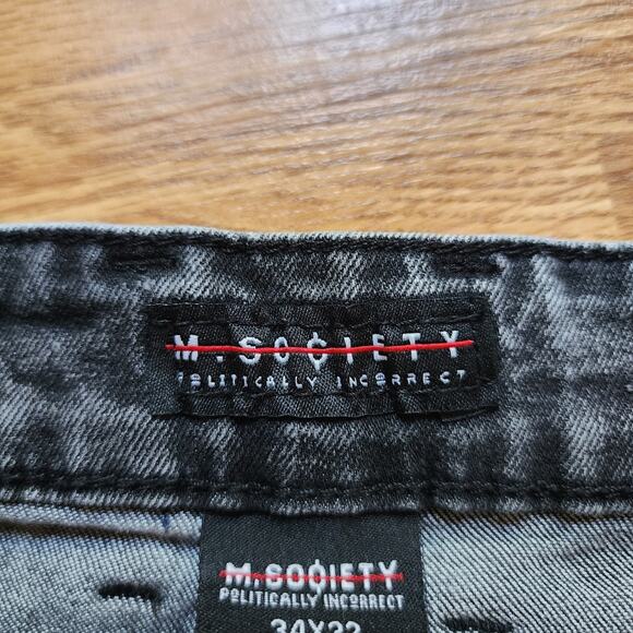 M Society Politically Incorrect Jeans Mens Size 34x32 Black Distressed Patched - Picture 10 of 12